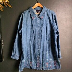 Denim & Co. Denim Tunic Shacket Colorful Aztec Western Country Boho Sz 1X
